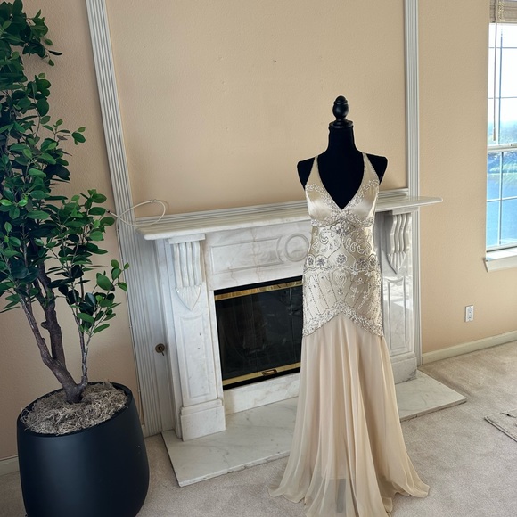 Sue Wong Silk dress, cream / champagne color, beaded & embroidered - Picture 3 of 16
